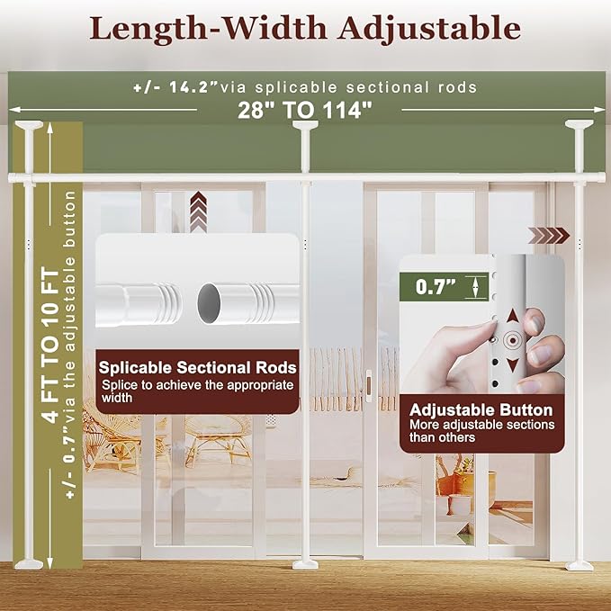 Goovilla Room Divider for Room Separation, Tension Curtain Rods No Drilling, 4-10ft(H) 28-114inch(W) Adjustable Temporary Privacy Wall Divider, Heavy Duty Freestanding Space Partition Separator, White