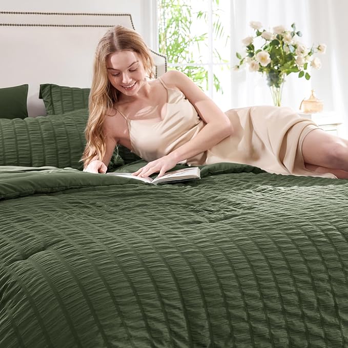 CozyLux Oversized King Comforter Set Olive Green Seersucker 7 Pieces Bed in a Bag King Comforter Set with Sheets, Luxury Soft Bedding Set with Down Alternative Comforter, Sheets, Pillowcases & Shams