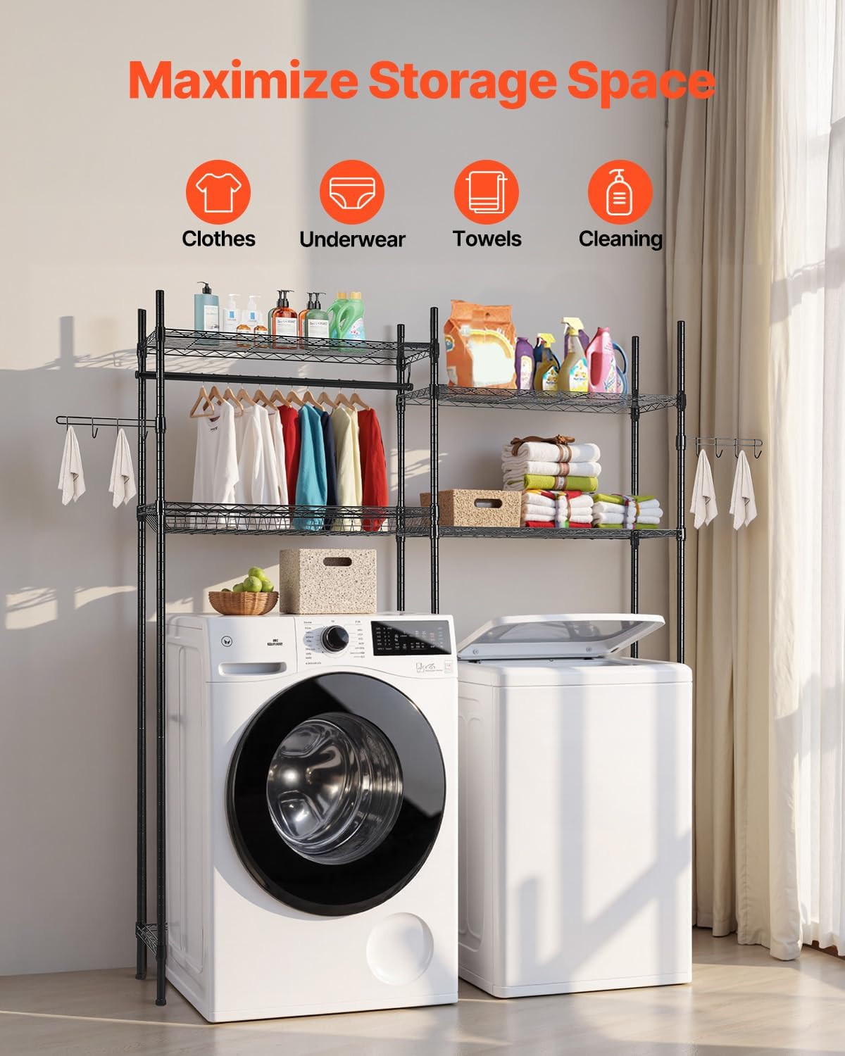VEVOR Over The Washer and Dryer Storage Shelf, 4 Tier Laundry Room Drying Rack with Hanger Rod and Hooks, Adjustable Over Washer and Dryer Shelves, Laundry Room Shelf Storage Space Saver, Black - NestledHome