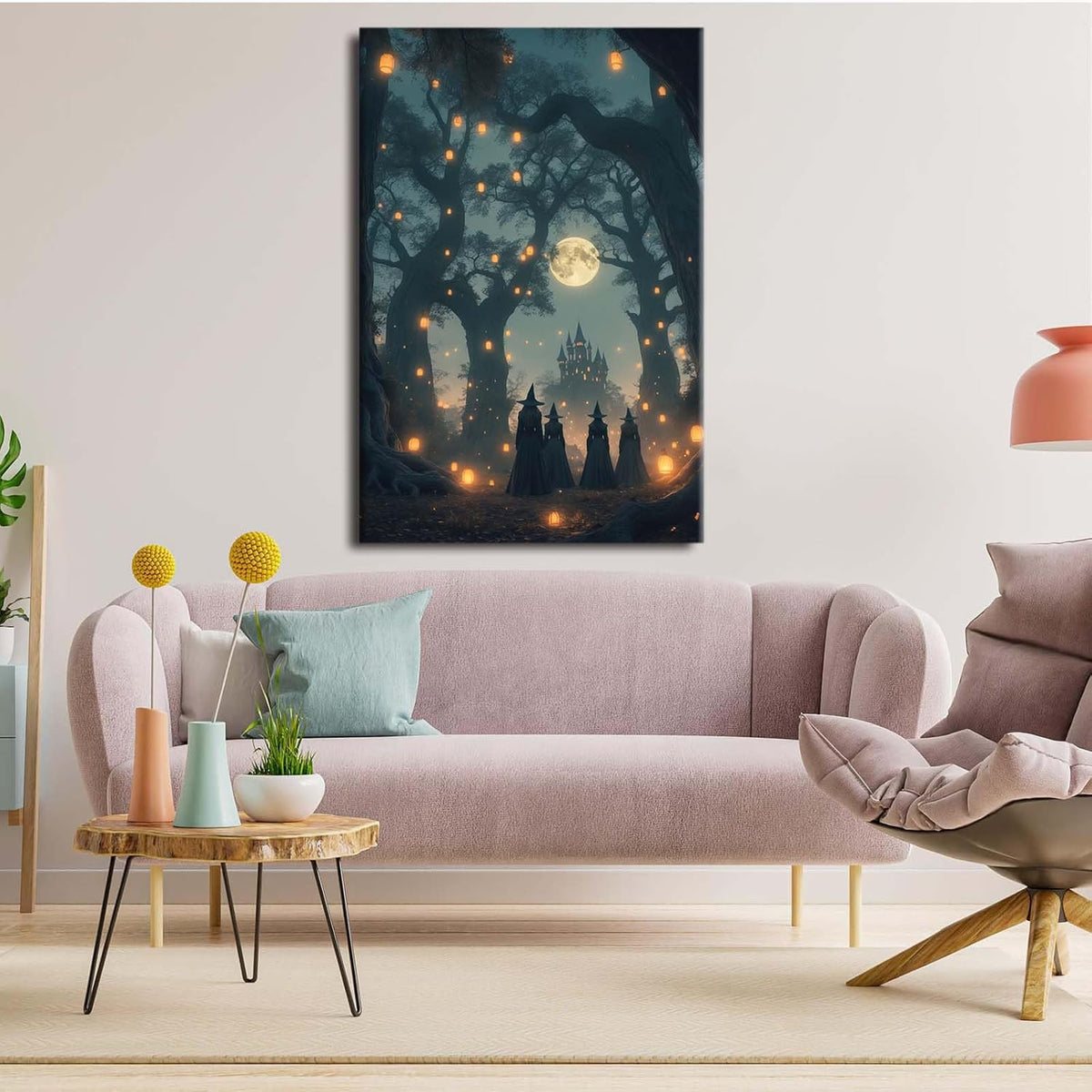 Mysterious creek painting witch and castle in magic forest art print canvas gothic print dark college decoration poster for home bedroom28x40in Wood Framed