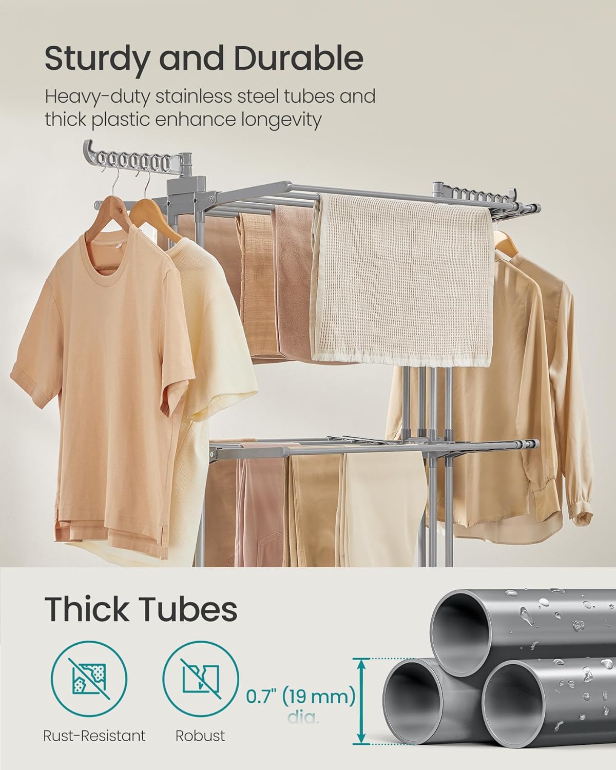 SONGMICS Clothes Drying Rack 4-Tier, Foldable Laundry Drying Rack 69.9-Inch Tall, Extendable Rods, Stainless Steel, Rolling Clothes Horses, Clothes Airer, Indoor Outdoor Use, Dove Gray ULLR704G01 - NestledHome