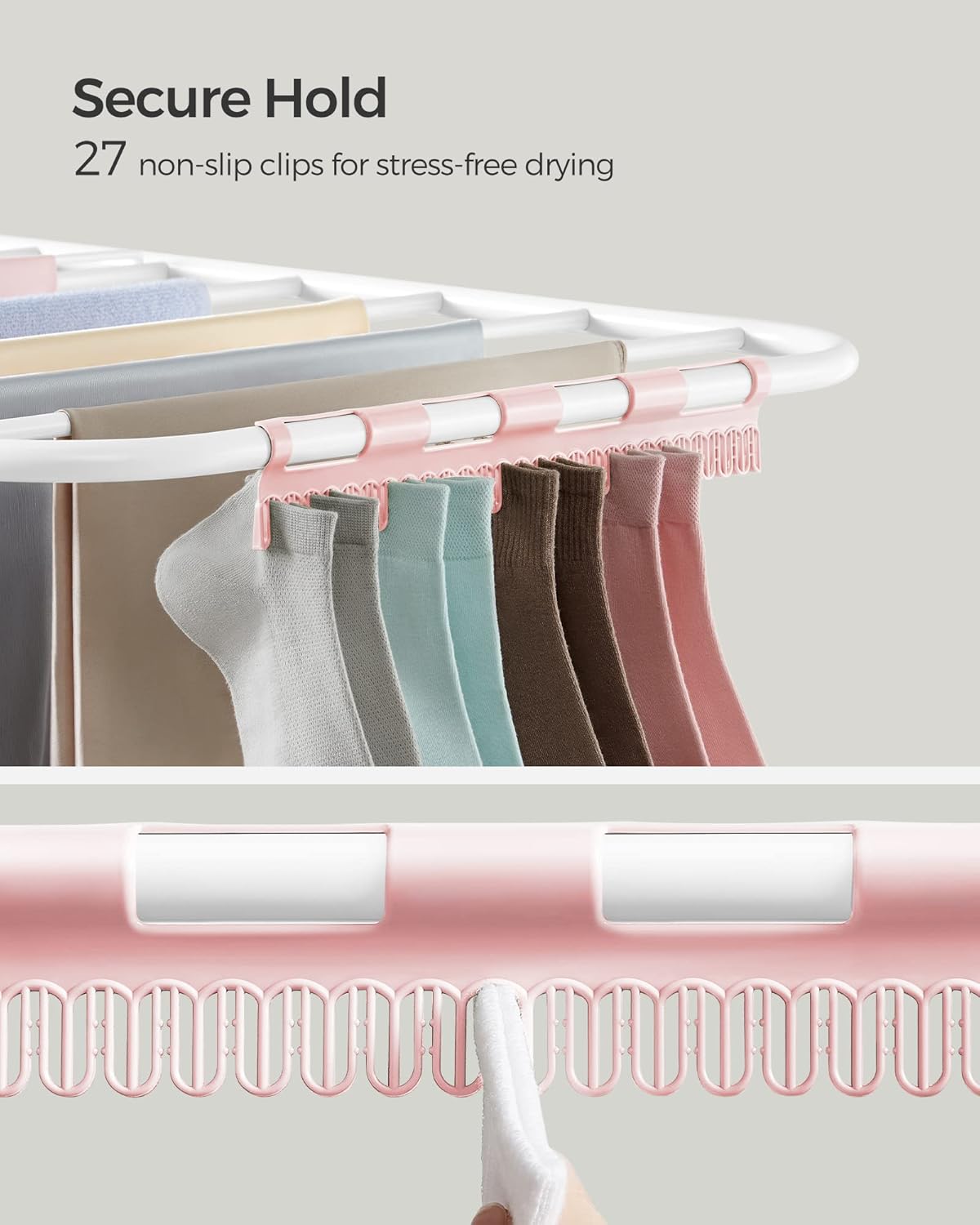 SONGMICS Clothes Drying Rack, Foldable 2-Level Laundry Drying Rack, Free-Standing Laundry Airer, with Height-Adjustable Wings, 33 Drying Rails, Sock Clips, White and Pink ULLR053P01V1 - NestledHome