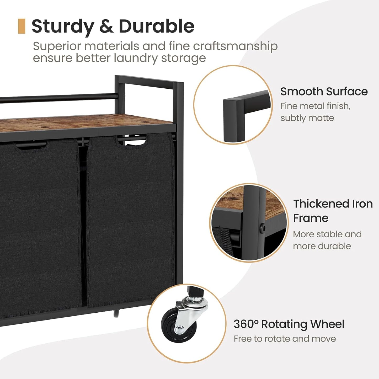Laundry Hamper, Laundry Basket, Laundry Sorter with 2 Removable Bags, Clothes Basket with 2 Compartments, Wheels, Shelf for Laundry Room Bathroom Bedroom (2 Bags-Black) - NestledHome