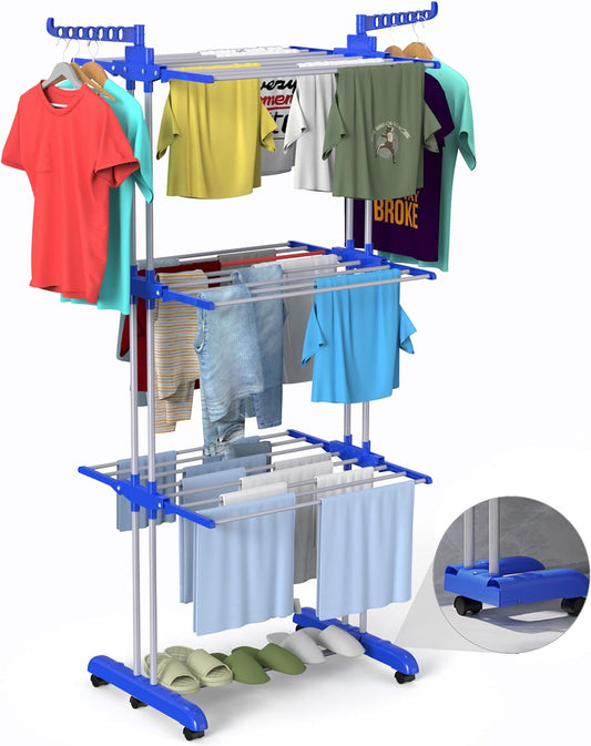Bigzzia Clothes Drying Rack, 67.7 Inch Laundry Drying Rack with Foldable Base, 4 Tier Stainless Steel Drying Rack Clothing, Movable Laundry Rack for Indoor Outdoor-Blue - NestledHome
