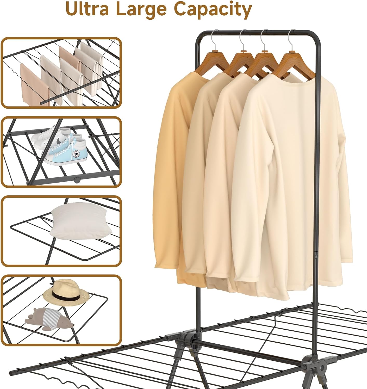 Bigzzia Clothes Drying Rack Foldable, 68.9Inch High Hanger Laundry Drying Rack with 4 Height-Adjustable Wings, Lightweight and Space Saving Clothes Airer for Apartments, Dorms, Camping - NestledHome