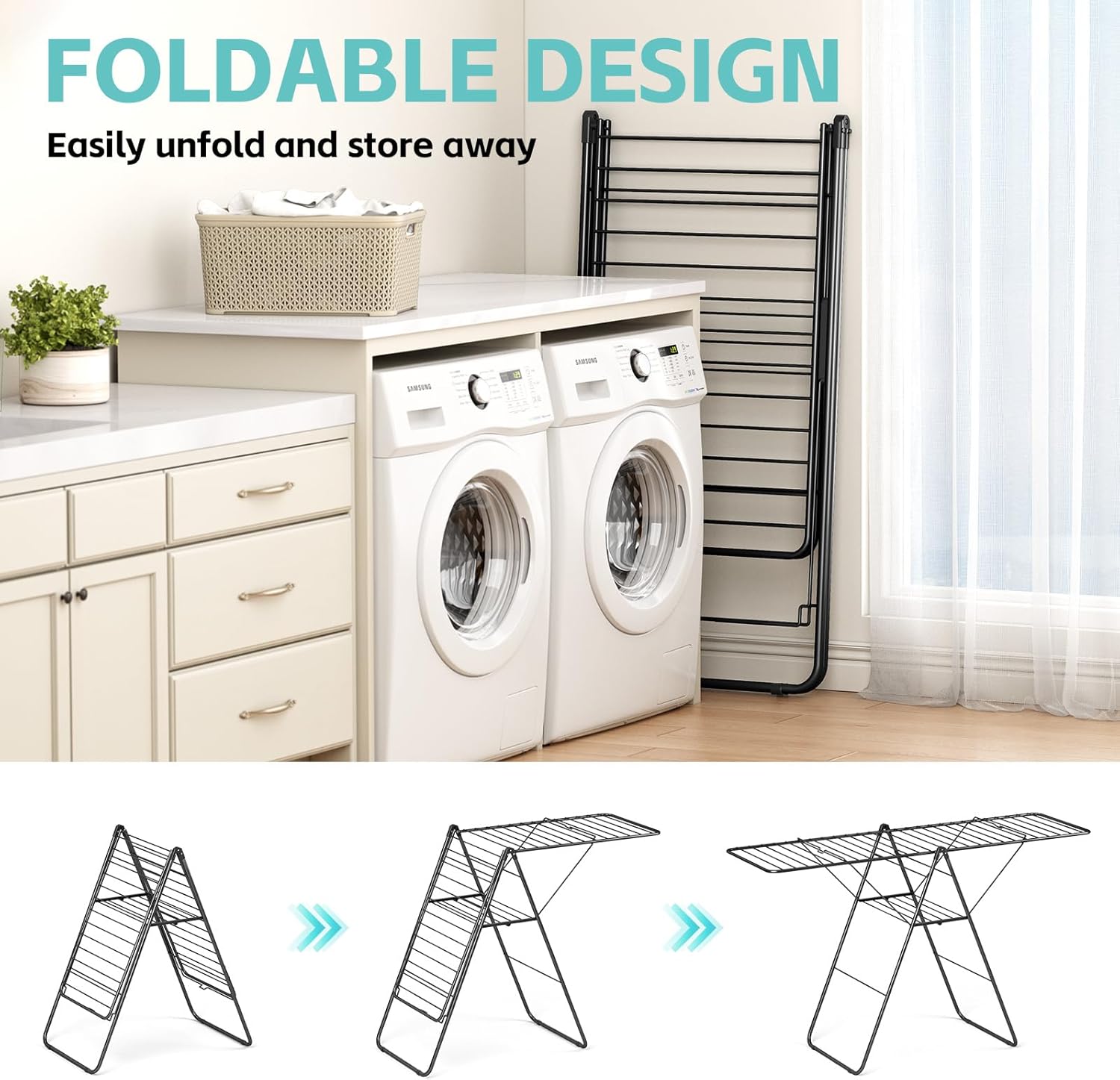APEXCHASER Clothes Drying Rack, Oversized Drying Rack Clothing with Height-Adjustable, Foldable Gullwings Metal Laundry Rack, Indoor Outdoor Use, No Assembly, Black - NestledHome