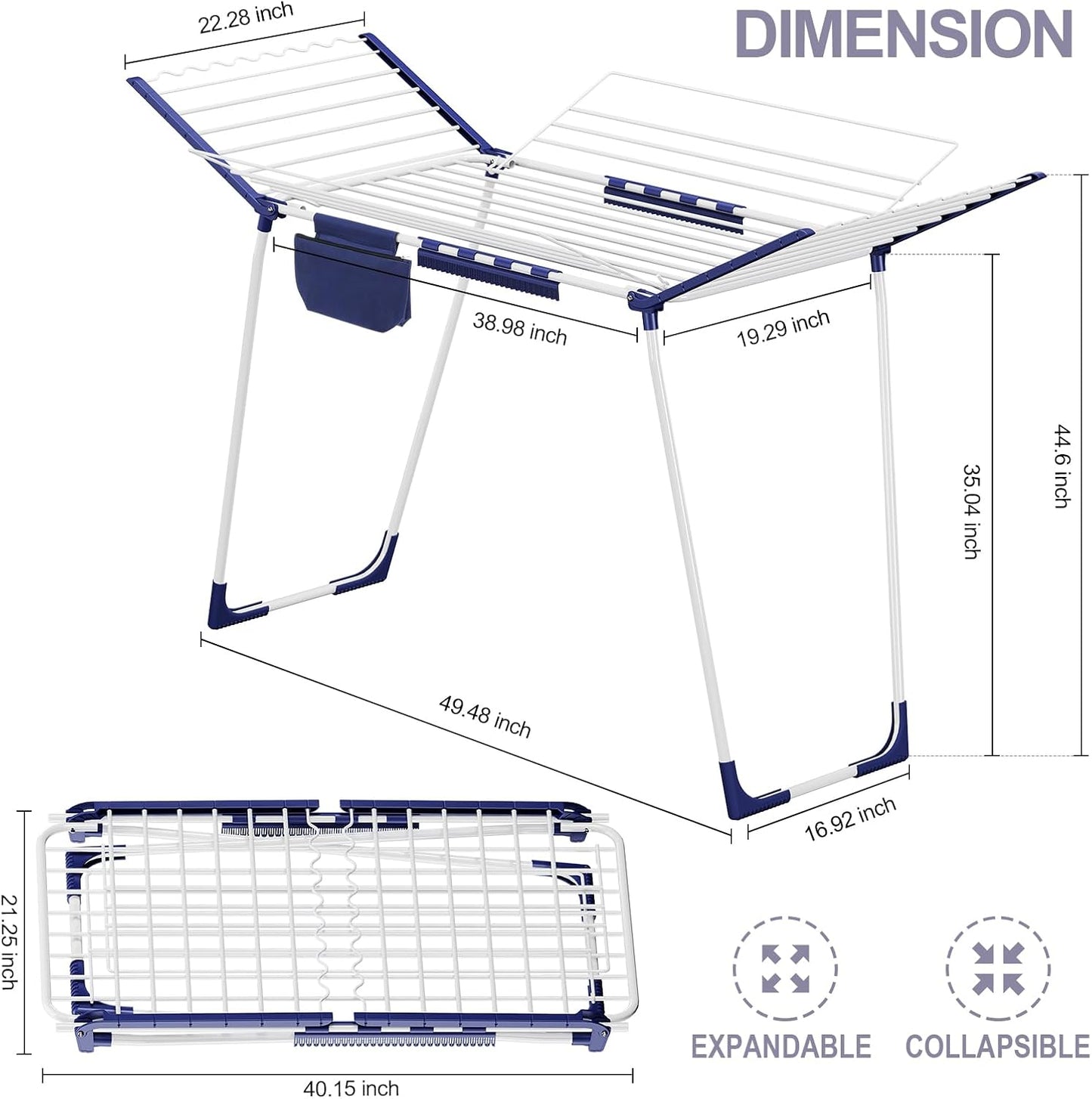 APEXCHASER Clothes Drying Rack Foldable, Drying Rack Clothing Large Space, Winged Laundry Rack with Sock Clips for Hanging Towels Clothes Dress Bedding Indoor Outdoor, White - NestledHome