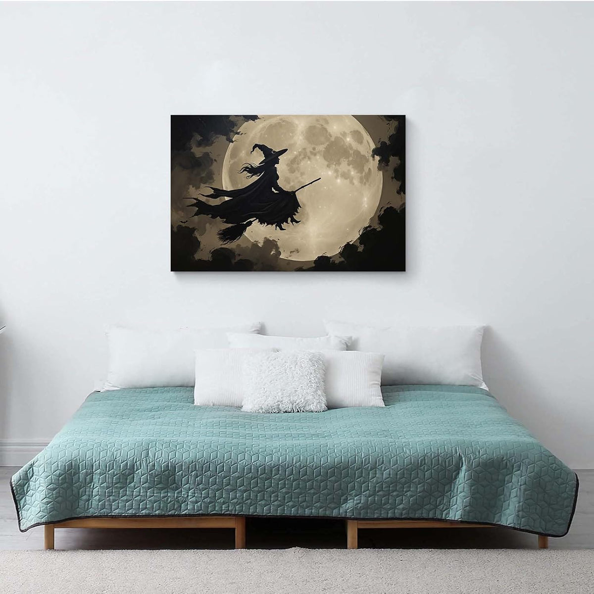 Full moon witch silhouette poster witch on magic broom Halloween mural poster decorative mural art suitable for home living room bedroom24x36in Wood Framed