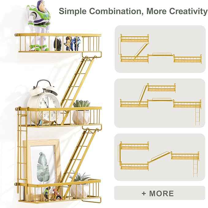 Fire Escape Wall Shelf Gold - New York Decorative Ladder Shelf, Metal Decorative Shelving for Living Room, Home Décor, Action Figure Display (3-Tier)