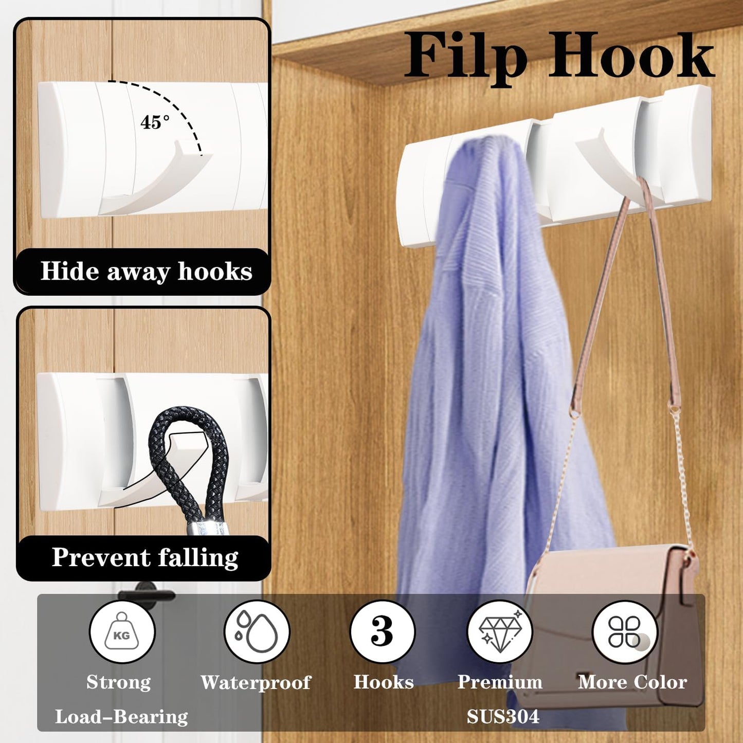 Folding Coat Hooks, Wall Mounted Coat Rack with 3 Retractable Hooks, Heavy Duty Towel Rack for Bathroom Wall Hook for Hanging Clothes Bathrobe, Stainless Steel Coat Hanger for Entryway(White) - NestledHome