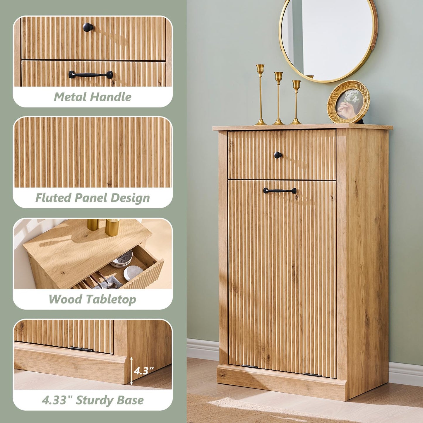 Modern Tilt-Out Trash Can Cabinet, 10 Gallon Fluted Laundry Hamper Cabinet with Drawers, Wooden Hidden Garbage Can Cabinet w/Storage Basket, Free Standing for Kitchen & Living Room,Natural Oak - NestledHome