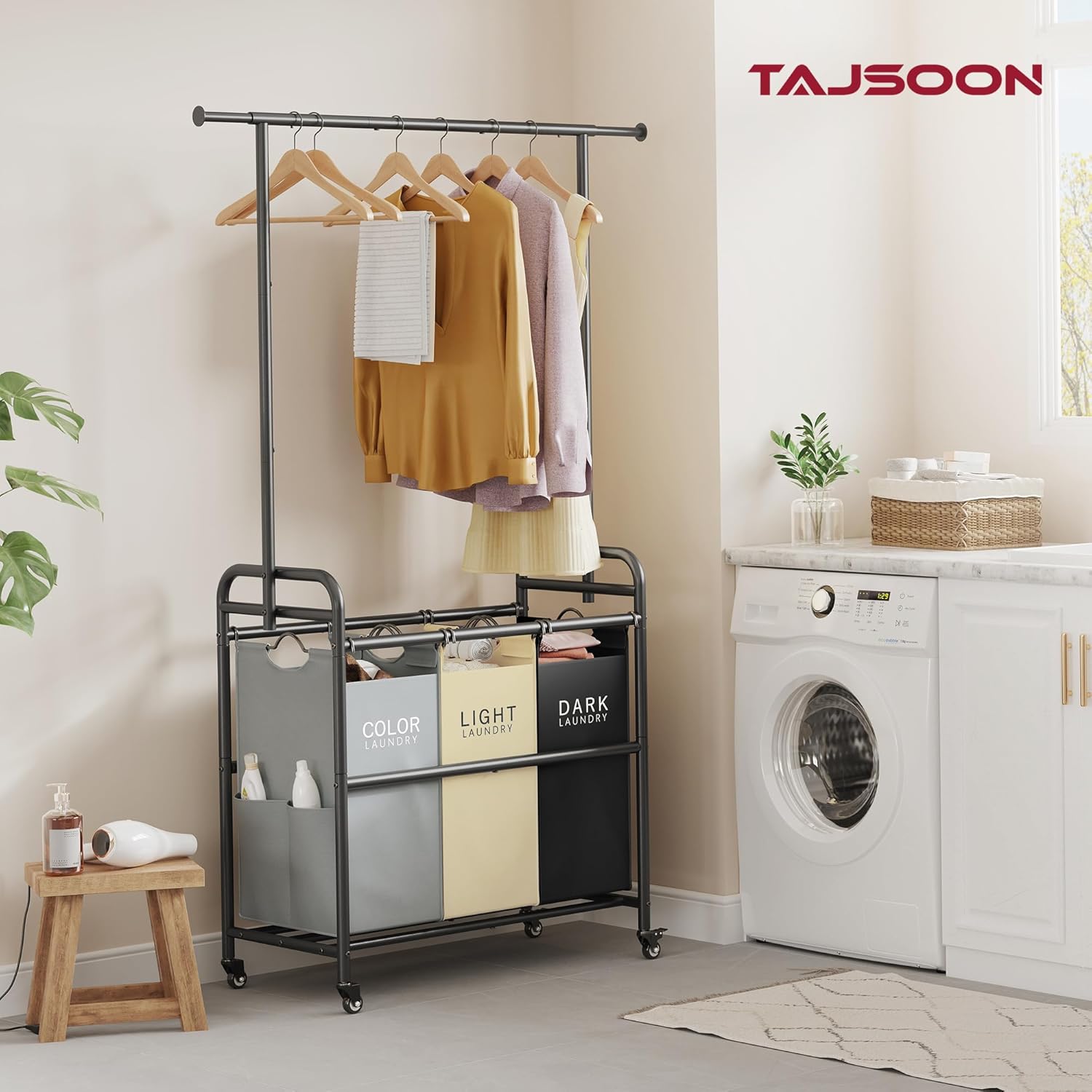 Tajsoon Laundry Sorter Cart with Hanging Clothes Rack, 3 Butler Sorter Basket Organizer, Laundry Hamper Cart with Heavy Duty Rolling Lockable Wheels, 3 Colors - NestledHome