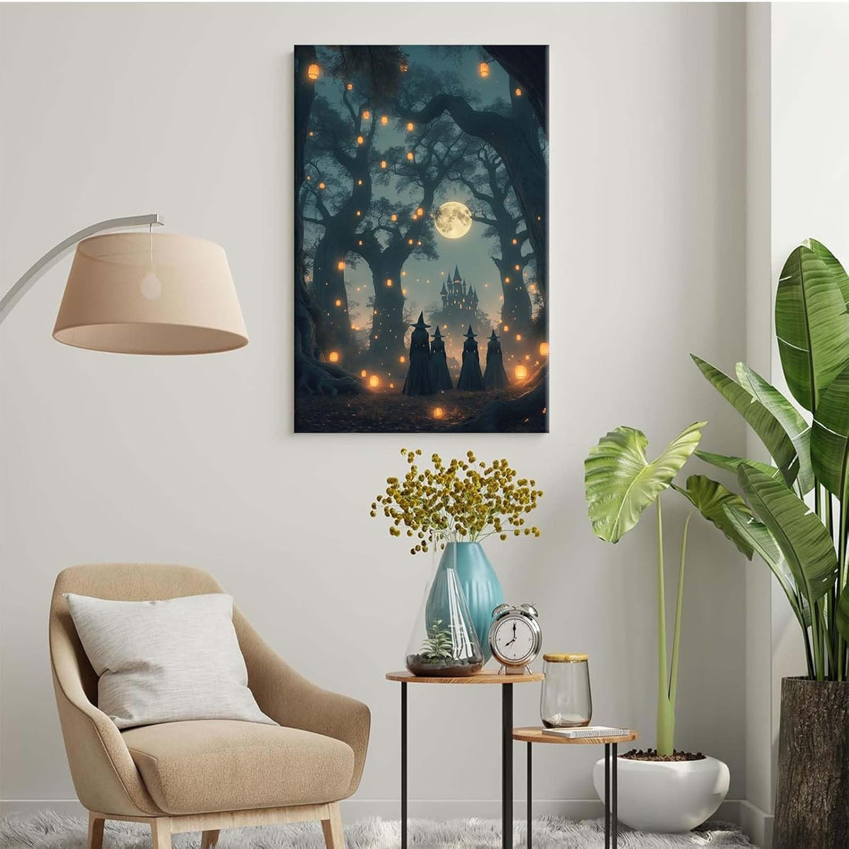 JFHCQJPK Mysterious creek painting witch and castle in magic forest art print canvas gothic print dark college decoration poster for home bedroom16x24in Frameless