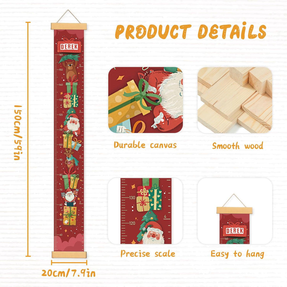 Personalized Name Growth Chart Wall Decor for Kids – Canvas Removable Height Chart Measuring Ruler 59" x 7.9" （Santa Claus Gifts） - NestledHome