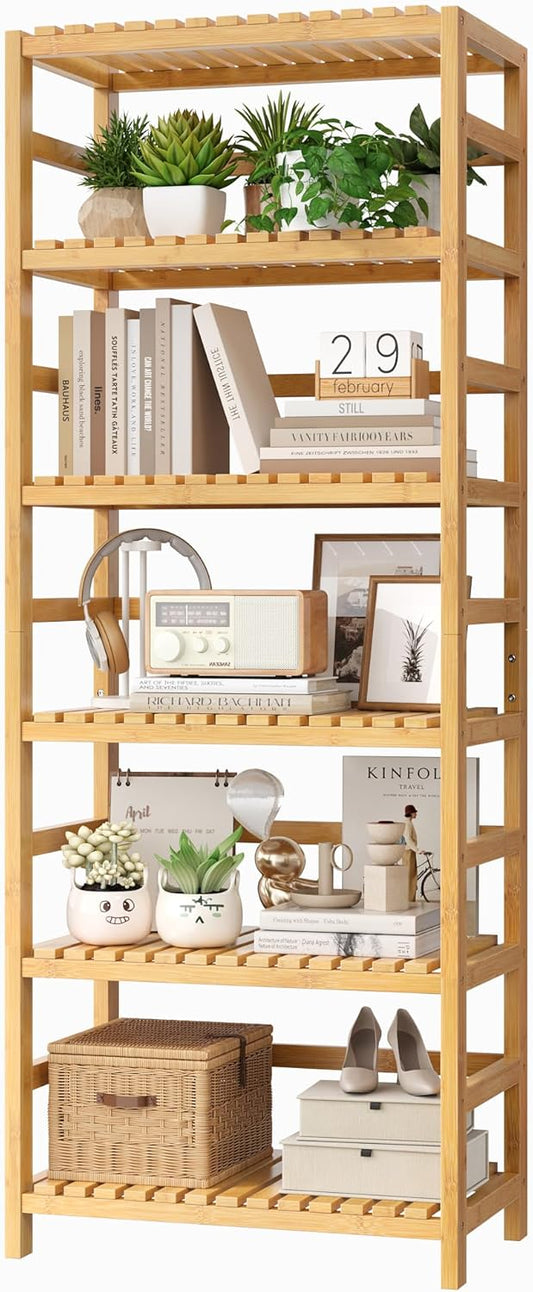 FOTOSOK 6-Tier Bamboo Shelf, Bamboo Bookcase with Adjustable Shelves, Free Standing Storage Shelf Unit, Plant Flower Stand for Kitchen, Bathroom, Home Office, Natural - NestledHome