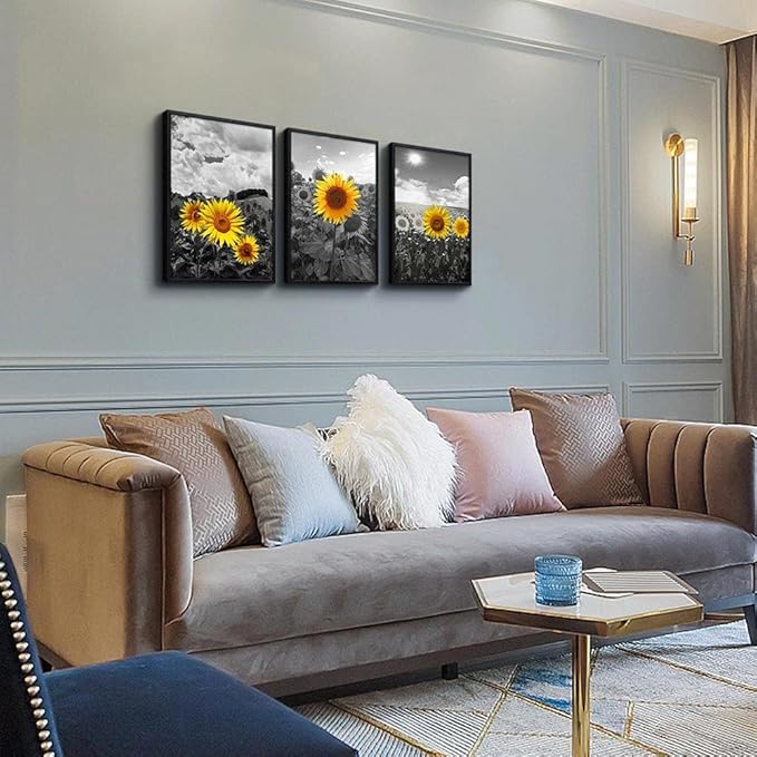 Black Framed Sunflower Flowers Wall Art - Large Size Set of 3 Piece Framed Art Prints for Living Room, Bedroom, Kitchen, Home Decor
