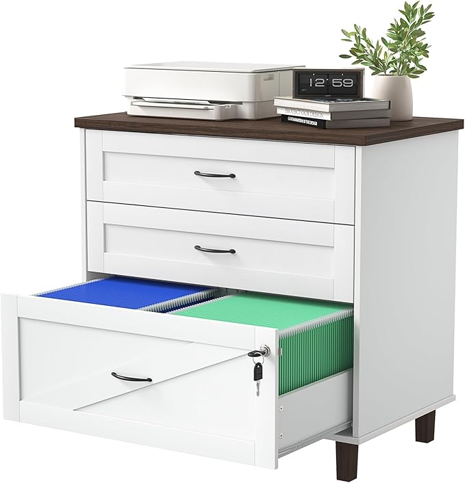 3 Drawer File Cabinet 32" Wide Lateral Filing Cabinets with Hanging File Folders for A4 Letter Legal Wood Office Storage Organizer Furniture Printer Stand for Home Office, Living Room（White）