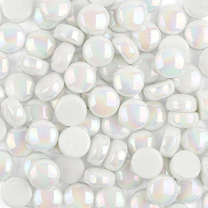 Artspac Glass Mosaic Tiles for Crafts Bulk,150g Round Mosaic Glass Pieces,Iridescent White Mosaic Tiles for DIY Garden Crafts Supplies, Crafts Ornaments