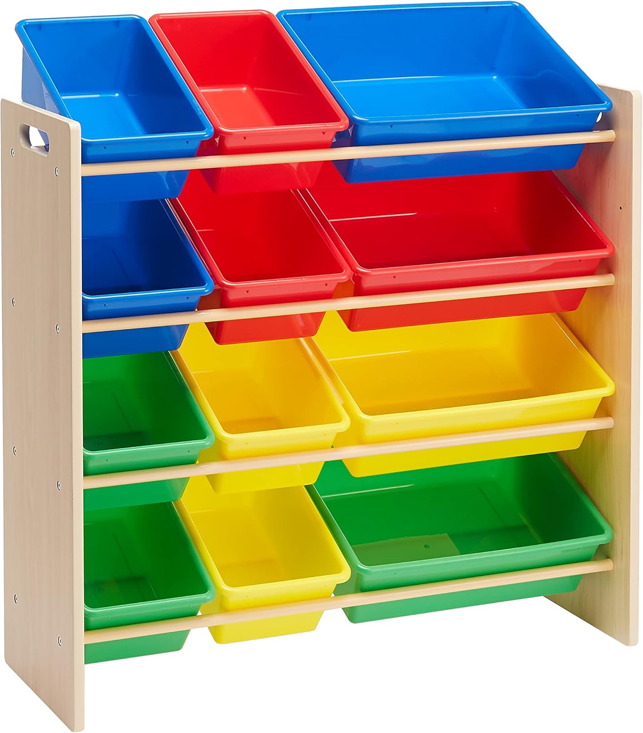 Amazon Basics Kids Toy Storage Organizer With 12 Plastic Bins, Natural Wood With Bright Bins, 10.9" D x 33.6" W x 31.1" H - NestledHome
