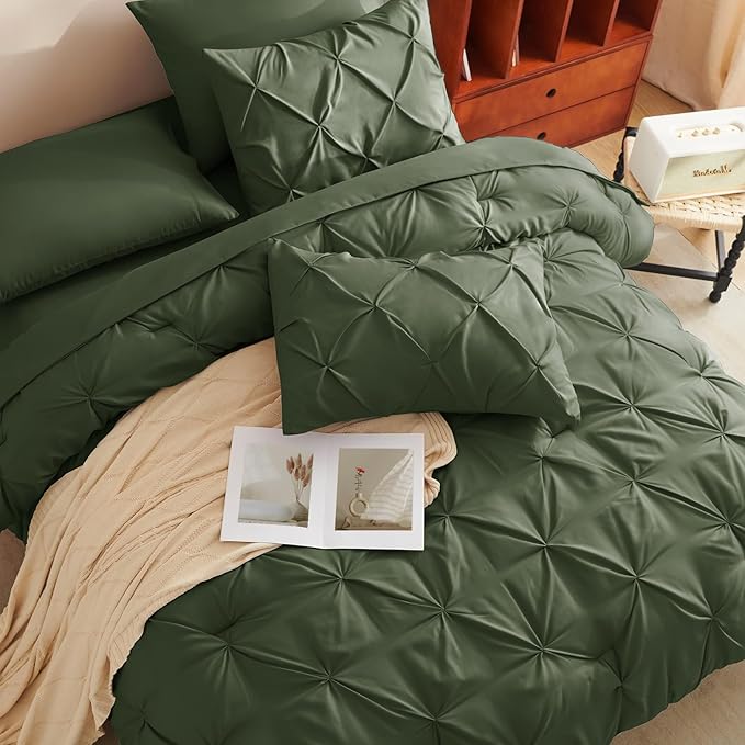 CozyLux Full Size Comforter Sets Olive Green, 7 Pieces Pintuck Bed in A Bag Green Comforter Full Size, Pinch Pleat Bedding Sets with All Season Comforter, Sheets, Pillowcases & Shams