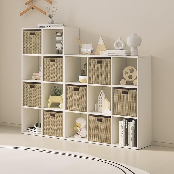 Wood Cube Storage Organizer Closet Cabinet for Living Room Bedroom Study Shelf Bookcase Wooden Floor Standing Open Bookshelf for Kids Home Office Display Storage Cabinet (White, 6-Cube, 11.81in)