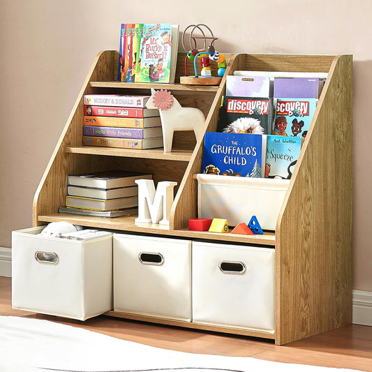 Kids Bookshelf, Kids Toy Storage Organizer with Storage Bins, Wooden Bookshelf and Book Display Shelf for Bedroom, Playroom, Nursery, Classroom, Teak Color - NestledHome