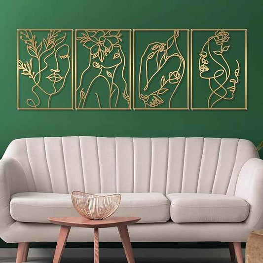 Glamativity 4 Pack Gold Wall Art Decor, Female Flower Face Lover Minimalist Décor Single Line Art Wall Décor, Real Metal Wall Art, Woman's Body Shape Abstract Wall Art, for Kitchen Bedroom Living Room (Gold Floral Lady Style, M Size 17 x 11.8'')