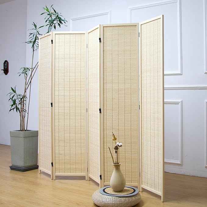 5 Panel Bamboo Room Divider – 5.6 ft Tall Folding Privacy Screen, Natural Beige Freestanding Room Partition Wall for Home Office (67" x 76.75", 5-Panel)