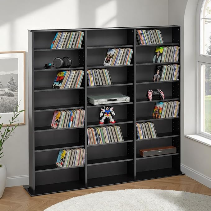 Prepac 3 Column Tall Media Storage Cabinet, Black Storage Cabinet, Display Cabinet, Multimedia Storage Organizer for CDs, DVDs, Blu-rays with 21 Adjustable Shelves 8.75" D x 56" W x 51" H