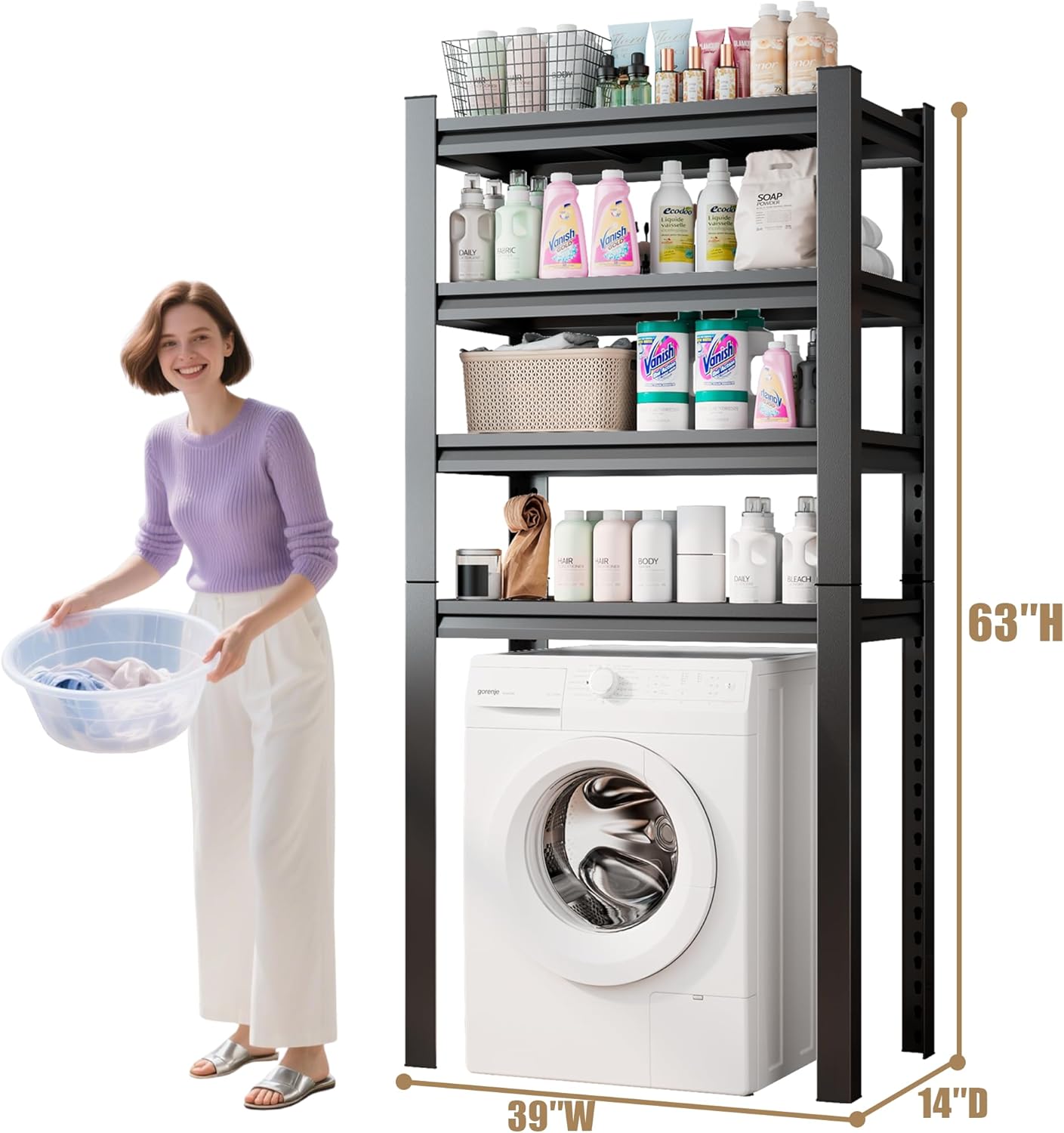 Upgraded Over The Toilet and Washer Storage Shelf,4 Tiers Laundry Room Standing Shelf,Bathroom Storage and Organizer Rack,Laundry Room Space Saver with Adjustable Shelves,39" W x 14" D x 63" H, Black - NestledHome