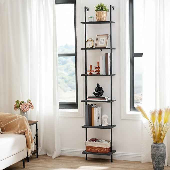 HOOBRO DIY Ladder Shelf, 6-Tier Wooden Wall Mounted Bookshelf, Narrow Bookcase, Display Shelf, Storage Rack, Plant Stand, for Living Room, Bedroom, Study, Balcony, Black BB651CJ01