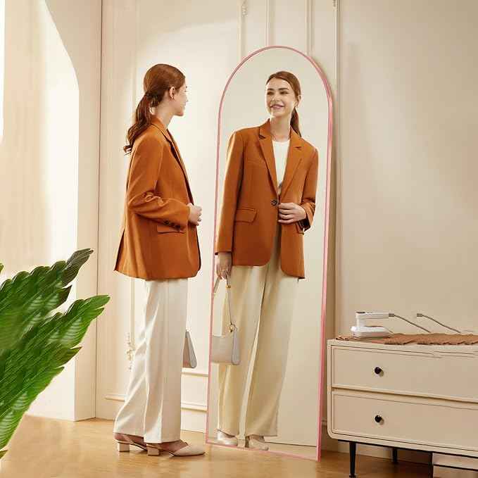 Rose Gold Mirror, 64"x21" Pink Body Mirror, Floor Standing, Full Length, Shatterproof, Arched