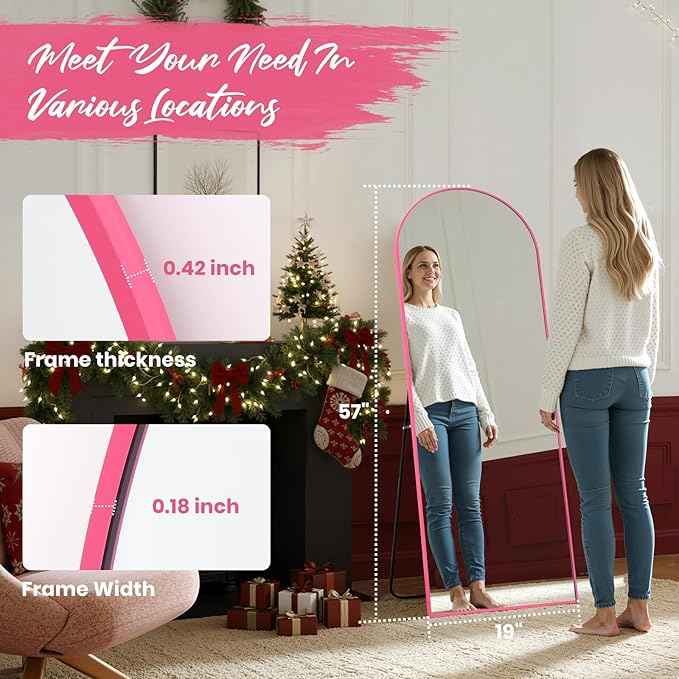 Anpark 19"x57"Arched Full Length Mirror, Full Body Mirror with Stand, Aluminum Frame for Bedroom & Hanging Leaning Modern Simple Home Decor Shatter-proorf Nano Glass Wall Living Room Cloakroom, Pink