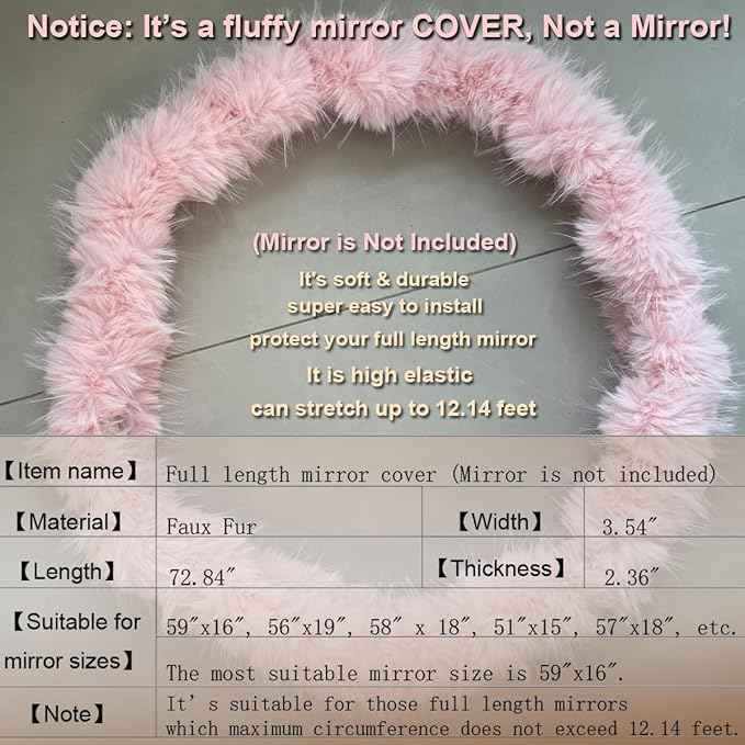 Fluffy Mirror Cover - 59"x16" Full Length Stretch Universal Ultra Soft Non-Slip Cover Warm Home Decor for Bedroom Cloakroom (Light Pink-Without Mirror, Suitable for 59"×16")