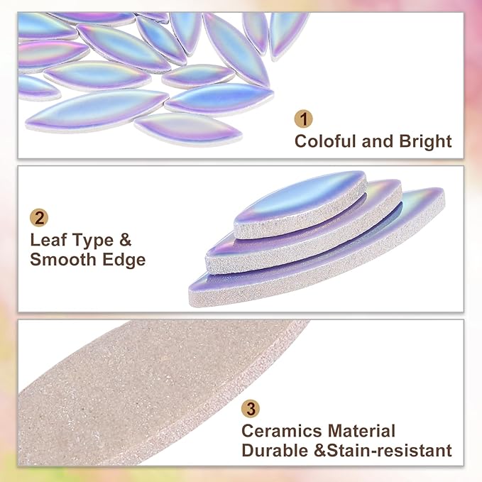 uxcell Ceramic Mosaic Tile, About 200g Teardrop Leaf Tile Mosaic Block for Handicrafts Artwork, Blue/Purple/Green