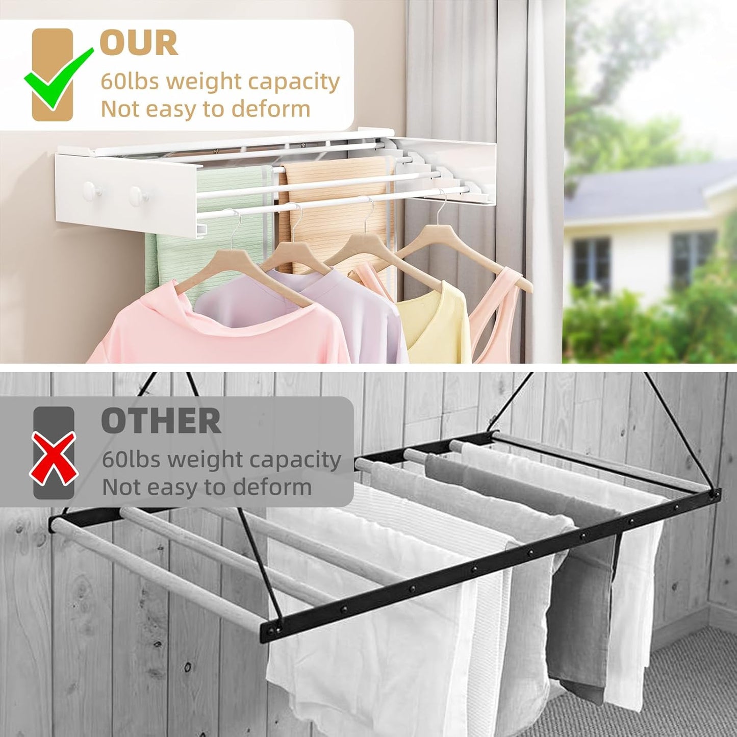 Wall Mounted Drying Rack with 4 Hooks and Shelf, Foldable Clothes Drying Rack for Laundry Room, Collapsible Laundry Rack Wall Mount, for Indoor Outdoor Hanging Clothes, 23.6 Inch - NestledHome