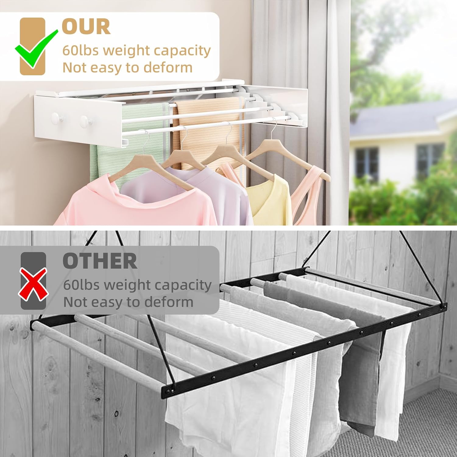 Wall Mounted Drying Rack with 4 Hooks and Shelf, Foldable Clothes Drying Rack for Laundry Room, Collapsible Laundry Rack Wall Mount, for Indoor Outdoor Hanging Clothes, 23.6 Inch - NestledHome