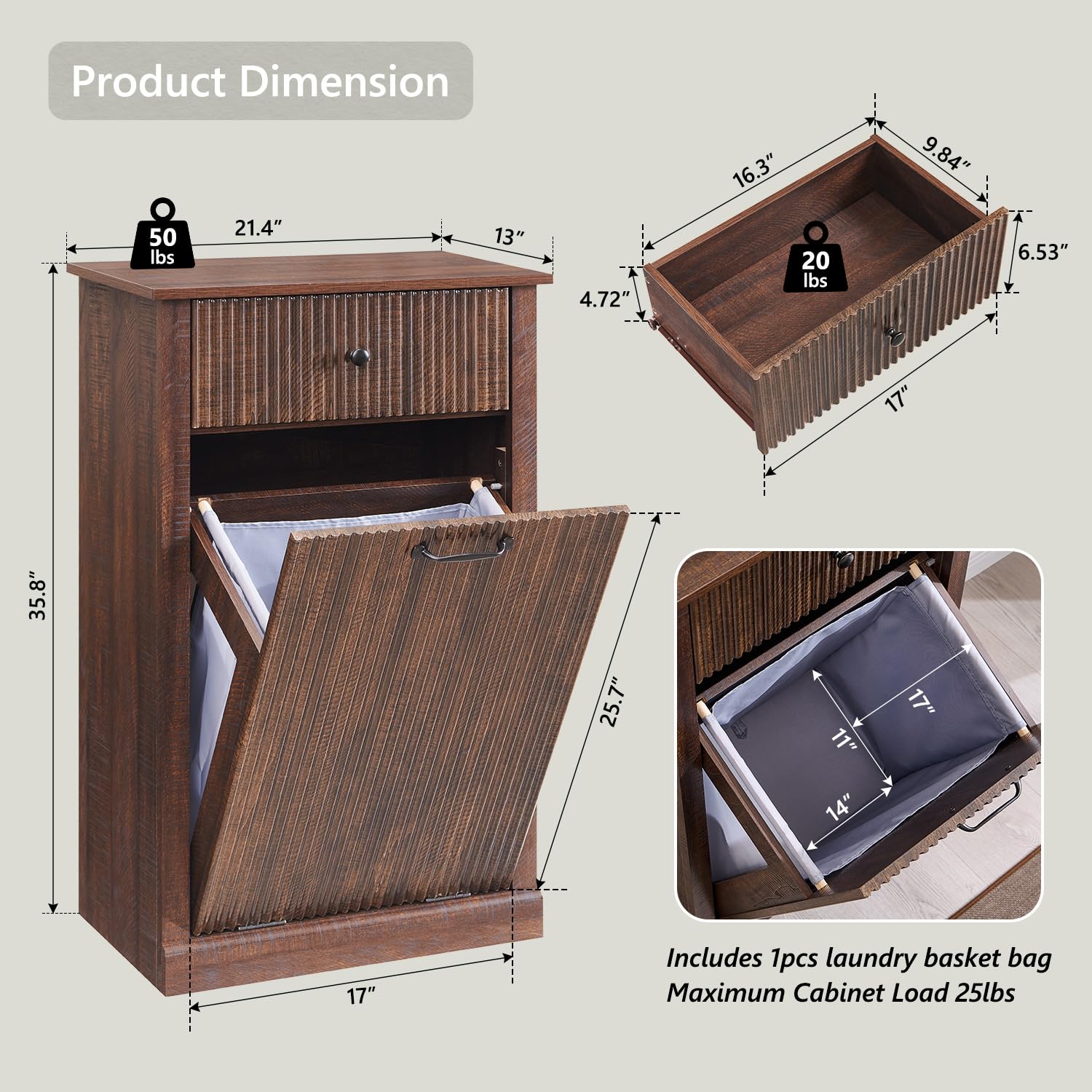 Modern Tilt-Out Trash Can Cabinet, 10 Gallon Fluted Laundry Hamper Cabinet with Drawers, Wooden Hidden Garbage Can Cabinets with Storage Basket, Free Standing for Kitchen and Living Room,Brown - NestledHome