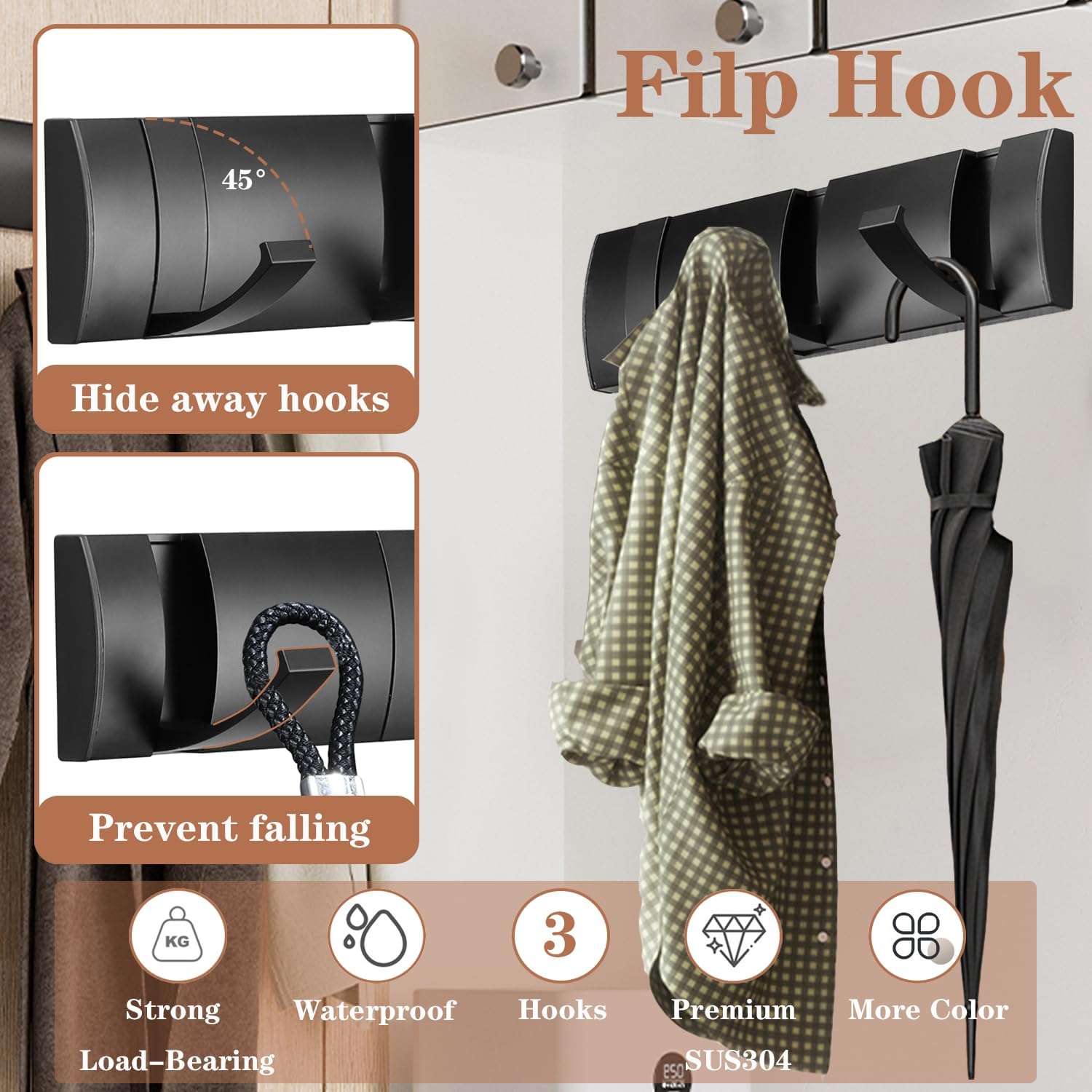 Folding Coat Hooks, Wall Mounted Coat Rack with 3 Retractable Hooks, Heavy Duty Towel Rack for Bathroom Wall Hook for Hanging Clothes Bathrobe, Stainless Steel Coat Hanger for Entryway(Black) - NestledHome