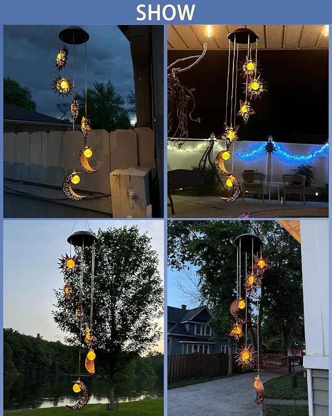 Tryme Solar Wind Chimes for Outside with Sun Moon Star Solar Hanging Lights Windchimes Outdoors Garden Decor Gifts for Mother, Grandma, Sister