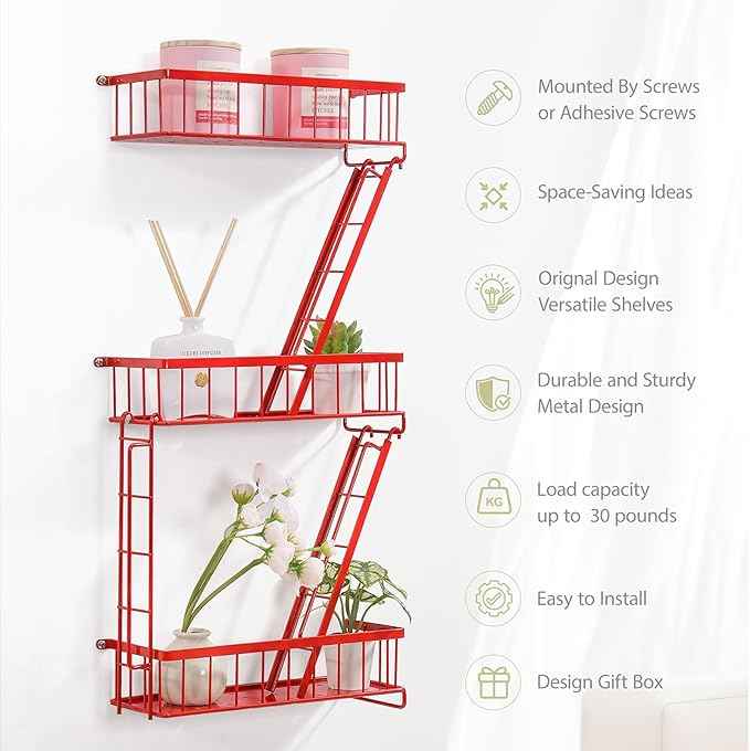 Fire Escape Wall Shelf Red - New York Wall Art Decorative Figure Display Floating Shelves Metal Racks for Living Room, Home Office Storage (3-Tier)