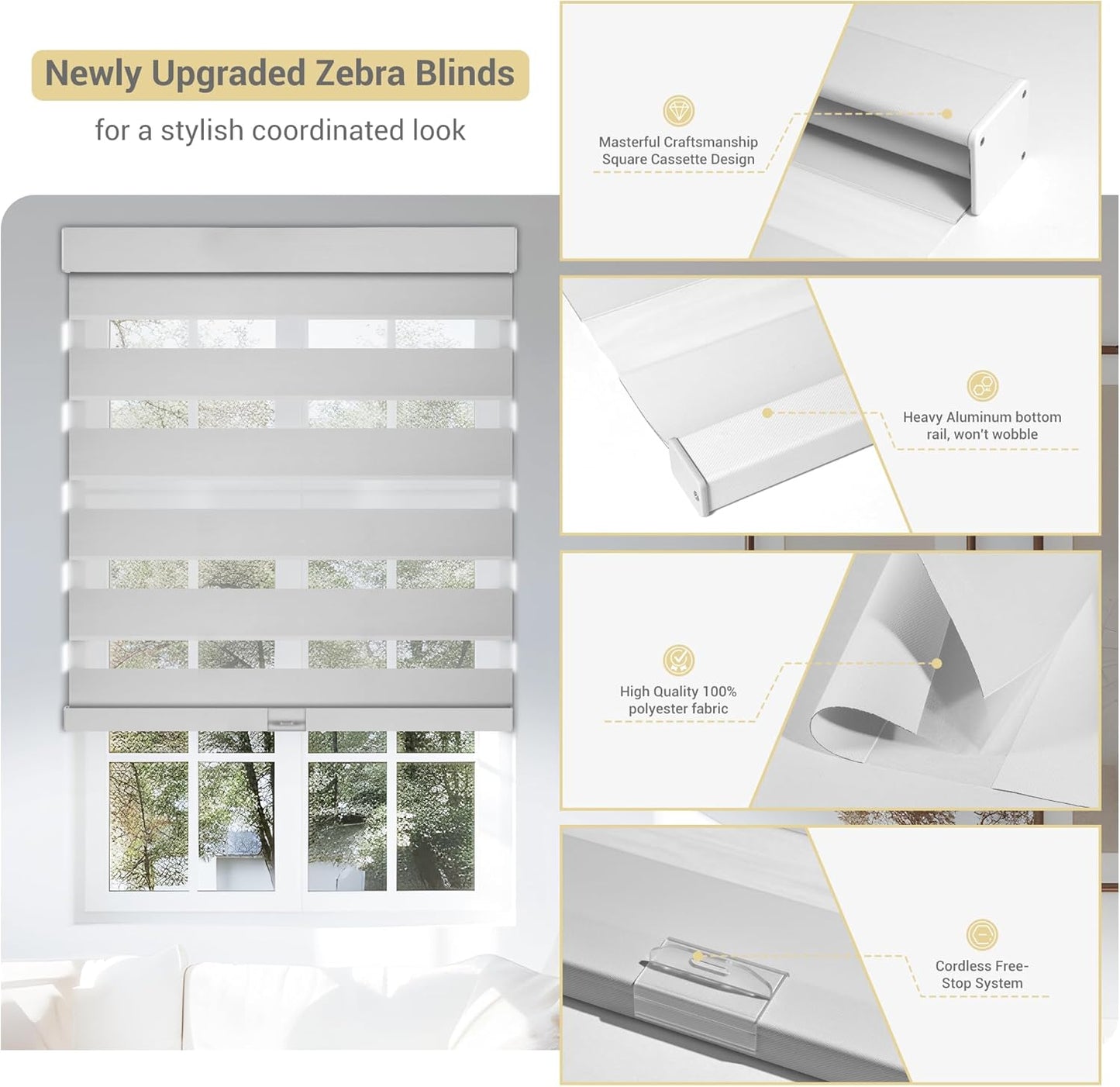 Cordless Zebra Blinds for Windows, Blackout Interior Blinds,Easy to Install,UV Protection,for Offices and Home,Custom Roller Shades, Solid White, 60" W x 48" H