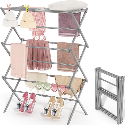 APEXCHASER Clothes Drying Rack, 3-Tier Laundry Drying Rack for Clothes, Expandable Metal Clothing Dryer, Collapsible Towel Rack, Air Drying Rack, Grey - NestledHome