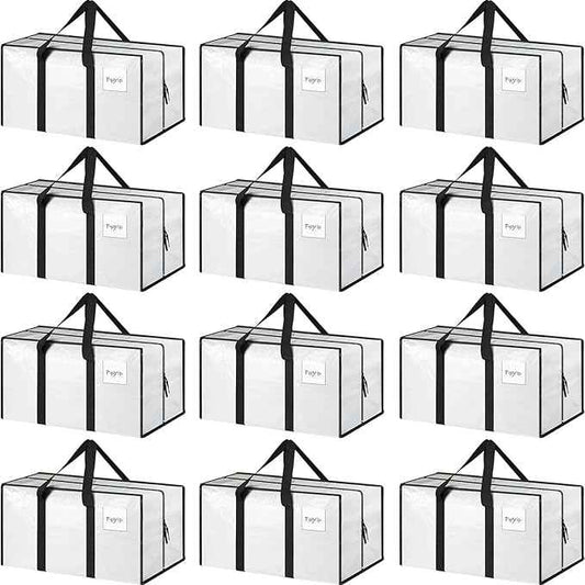 12 Pack Extra Heavy Duty Large Moving Bags with Strong Zipper & Comfortable Handles, Sturdy & Durable Clothes Storage Bags Totes Bins, Packing Moving Boxes for College Supplies, White