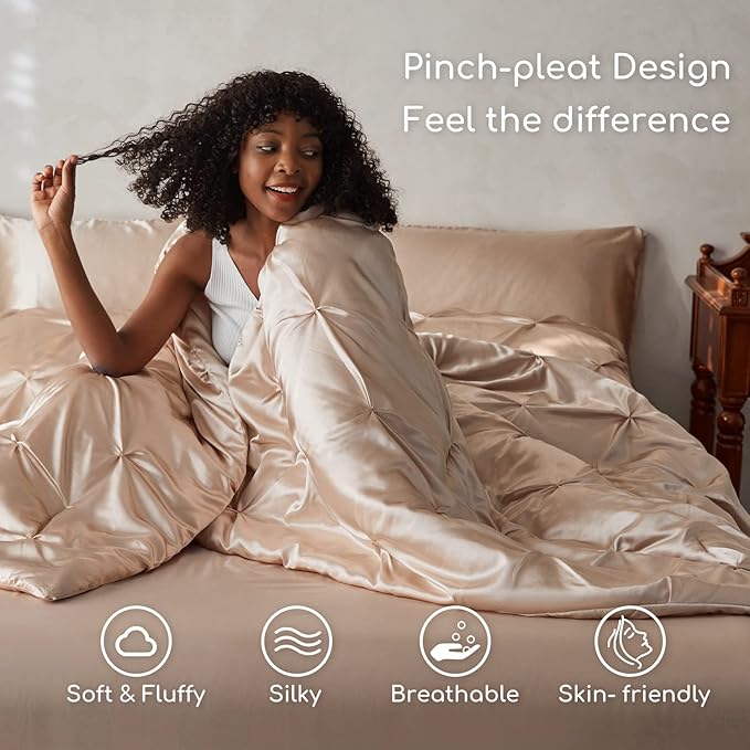 MR&HM Satin Comforter Full 7 Pieces - Luxurious Pinch Pleat Bedding Set with Comforter, Flat Sheet, Fitted Sheet, Pillowcases & Shams, Super Silky Soft Bed Set for All Season (Full, Champagne)