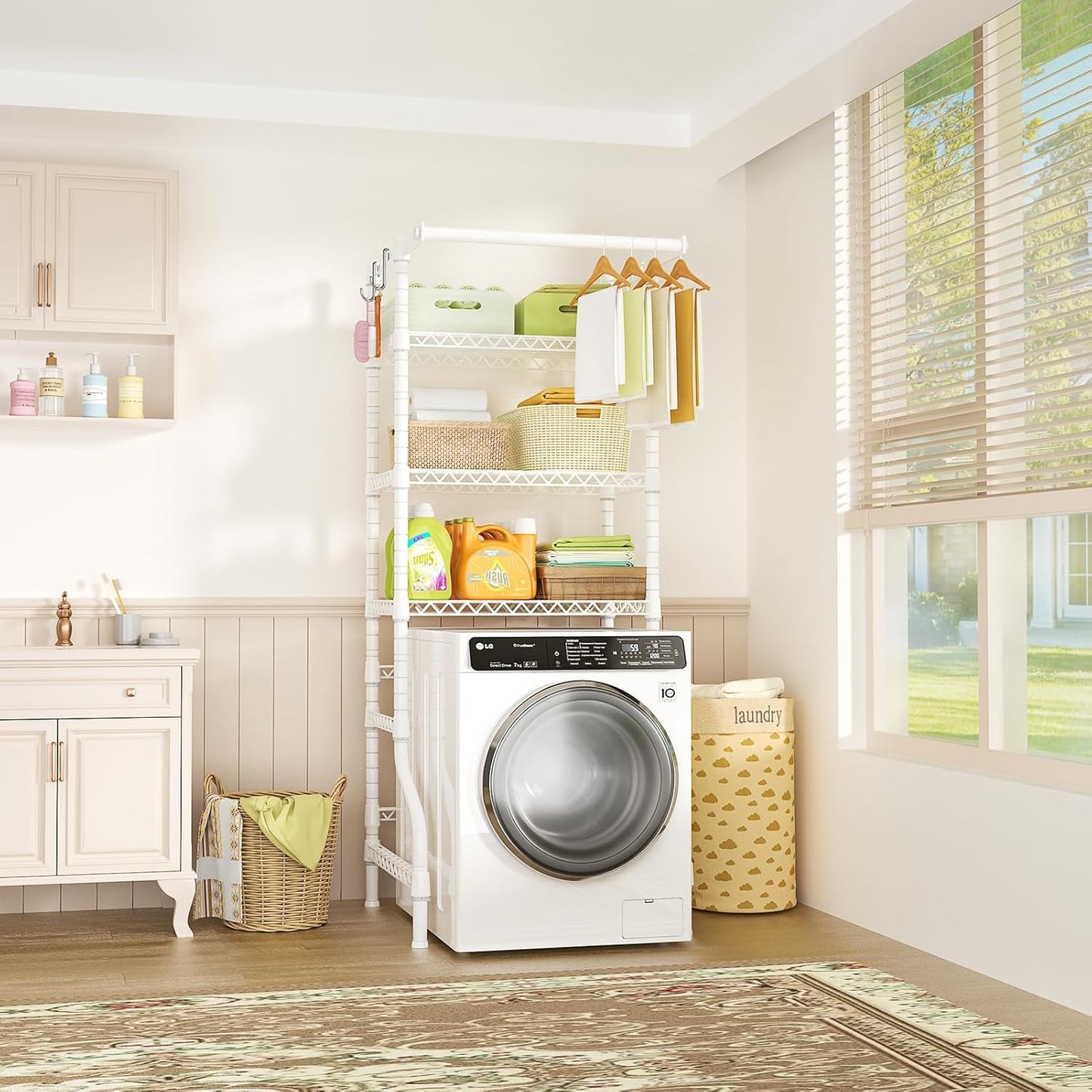 Ulif U11 Mini Over Washer and Dryer Shelves, 3 Tiers Laundry Room Storage and Organizer Standing Shelf, Metal Freestanding Clothes Drying Rack, 28.3”W x 19.7”D x 77.6”H, White - NestledHome
