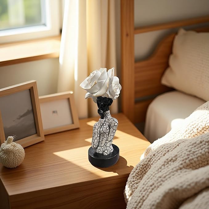 African Woman Sculpture with White Rose Headdress, Black and White Resin Statues, Modern Abstract African Art Statue for Home Decor Shelf Table Office Display