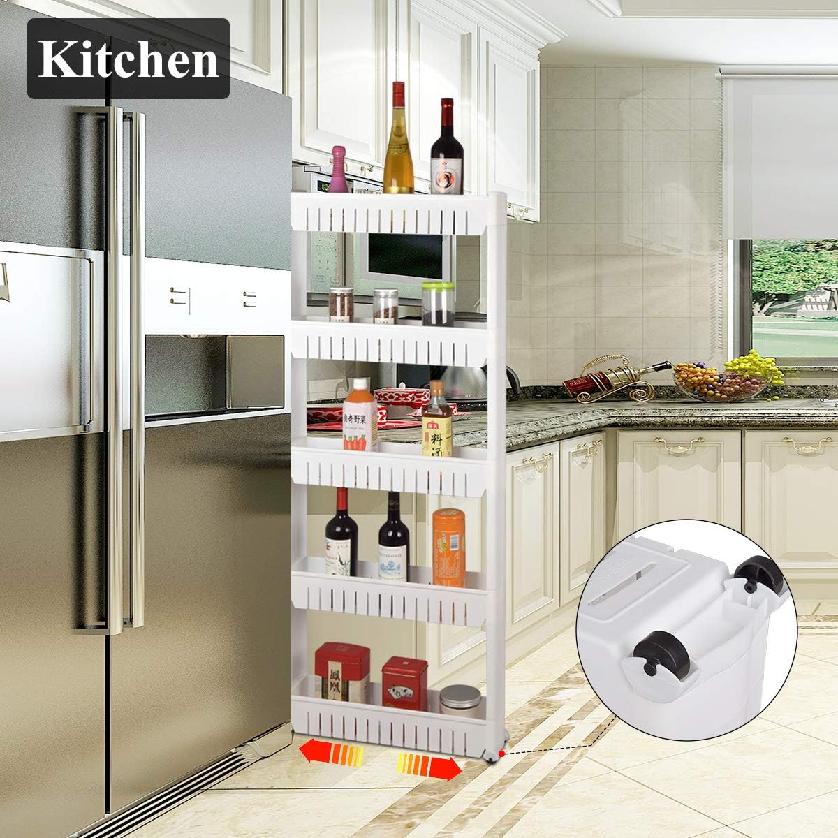 Laundry Room Organizer, Mobile Shelving Unit Organizer with 5 Large Storage Baskets, Gap Storage Slim Slide Out Pantry Storage Rack for Narrow Spaces - NestledHome