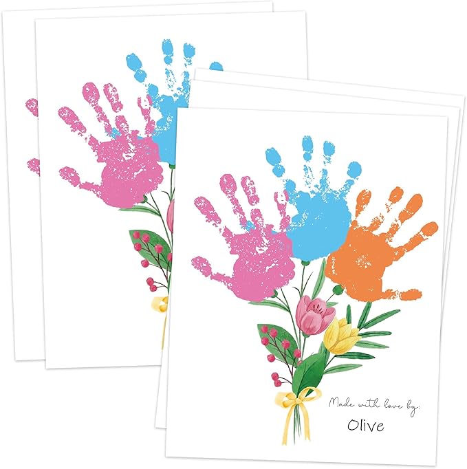 Flower Bouquet Handprint Art Craft Kit Birthday Gifts for Mom & Grandma, 10pcs DIY Baby Hand and Foot Print Greeting Cards, Mothers Day Crafts for Home Party Activities, Newborn Keepsake