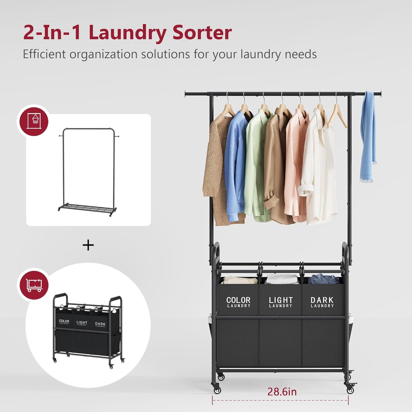 Tajsoon Laundry Sorter Cart with Hanging Rack, Laundry Sorter 3 Section, Laundry Hamper with Heavy Duty Rolling Lockable Wheels, Black - NestledHome